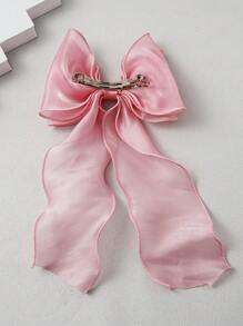 Super Cute White Mesh Bowknot Hair Clip For Girl With Ribbon Streamers And Large Size Hair Accessory - Hot Pink - View 2