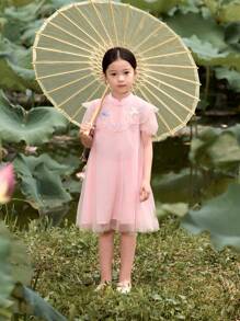 MARC&JANIE Young Girls' Traditional Chinese Style Short Sleeve Dress With Jade Rabbit Embroidery And Netted Shoulder, Summer