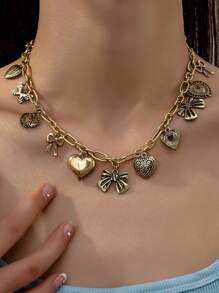 1 Pc Retro Vintage Heart Bow Butterfly Multiple Charms Necklace For Women