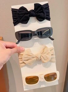 2 件套全新婴儿女孩男孩可爱纯色蝴蝶结发带蛋形小矩形儿童时尚眼镜发饰套装 - Sunglasses+HeadBand - 查看 2