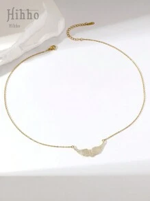 Hihho 1入全鋯石鑲嵌天使翅膀吊墜項鍊，奢華珠寶裝飾禮物，適用於女士