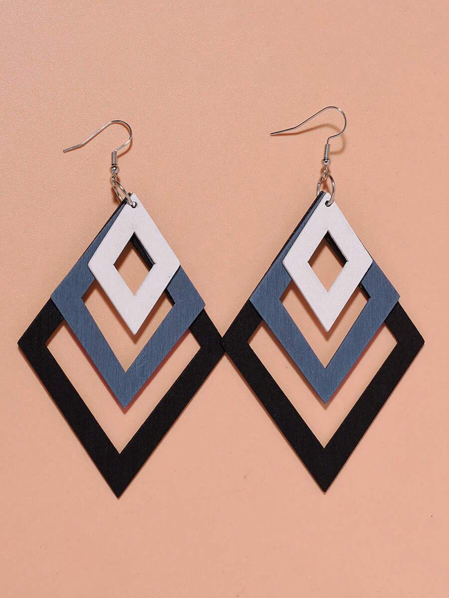 1 Pair Multi-Piece Rhombus Gradient Wood Dangle Earrings, Exaggerated Shoulder-Sweeping Retro Unique Style For Women - Black and White - View 1