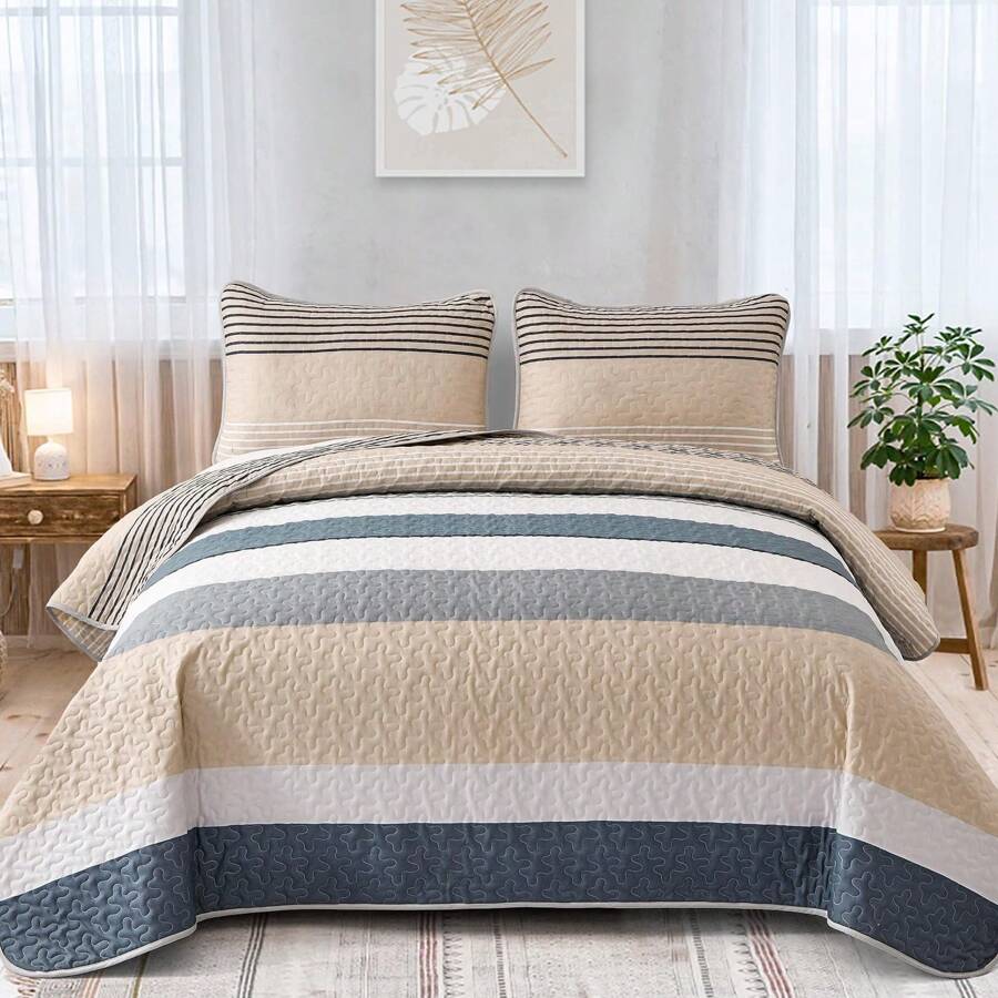 DJY 3 Pieces Orange Striped Quilt Set Queen King California King Size Boho Bedspread Coverlet Bed Set With Two Pillow Covers,Soft Lightweight Microfiber Floral Pattern,Summer Home Bed Room Decor ,Wedding Items,Home Bed Room Decor,Ideal Gift,All Season - 卡其色 - 查看 1