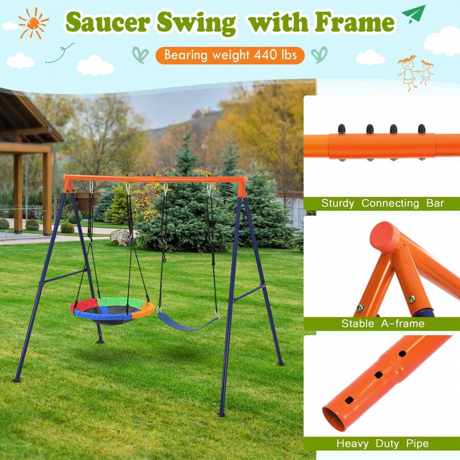 45 Inch Saucer Swing With Frame For Kids Outdoor, 440lbs Saucer Swing