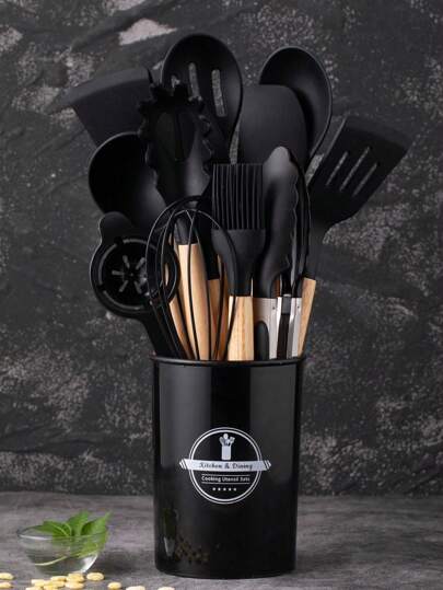 Los Utensilios De Cocina Del Silicón 14pcs Fijaron Con La Manija De Madera Y El Cubo Del Almacenamiento