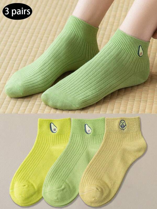 3 Pairs Women's Summer Avocado Socks, Japanese Style Cute Short Socks, Spring & Autumn Thin, Breathable, Comfortable Low Cut Invisible Boat Socks