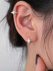 1 Đôi Bông Tai Đính Đá Cubic Zirconia Ngôi Sao Tám Cánh Thanh Lịch Thời Trang, Thiết Kế Đơn Giản Tối Giản Cho Nữ, Thích Hợp Để Đeo Hàng Ngày - Bạc - Xem 1