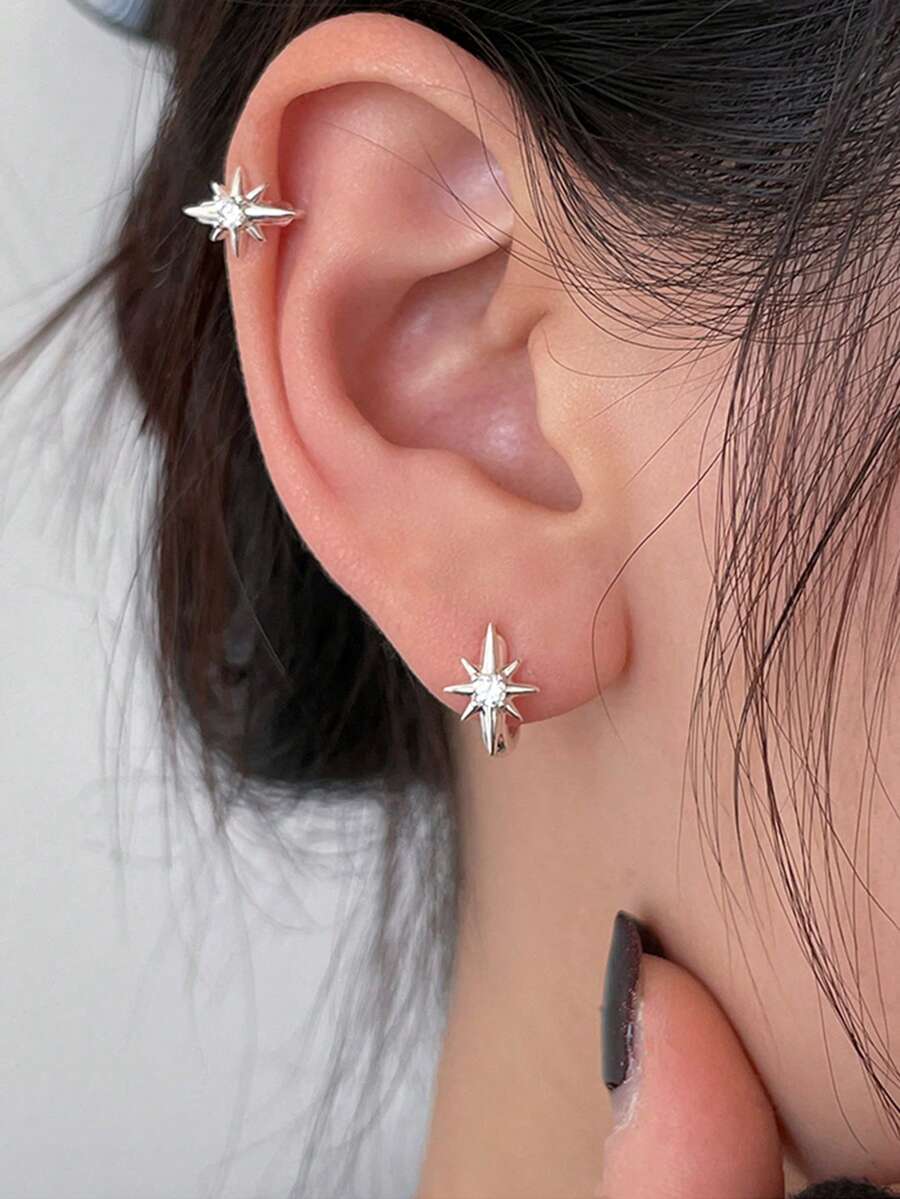 1 Đôi Bông Tai Đính Đá Cubic Zirconia Ngôi Sao Tám Cánh Thanh Lịch Thời Trang, Thiết Kế Đơn Giản Tối Giản Cho Nữ, Thích Hợp Để Đeo Hàng Ngày - Bạc - Xem 1