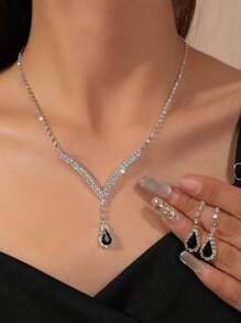 2-Piece Women Teardrop Pendant Necklace And Earrings Set, Fashion Elegant Jewelry For Wedding Party