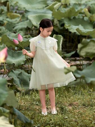 MARC&JANIE Nuevo vestido de verano de estilo chino con cuello de pie de manga corta para niña, con bordado de conejo de jade y nubes, hecho de tela de malla