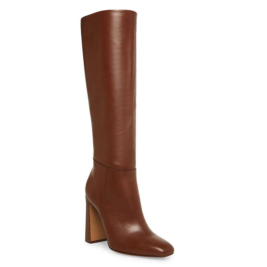 Women's Chunky Heeled Knee High Boots Classic Leather Square Toe Zippered Tall Boot - Dark Brown - View 1