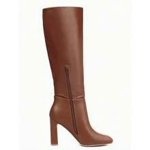 Women's Chunky Heeled Knee High Boots Classic Leather Square Toe Zippered Tall Boot - Dark Brown - View 4