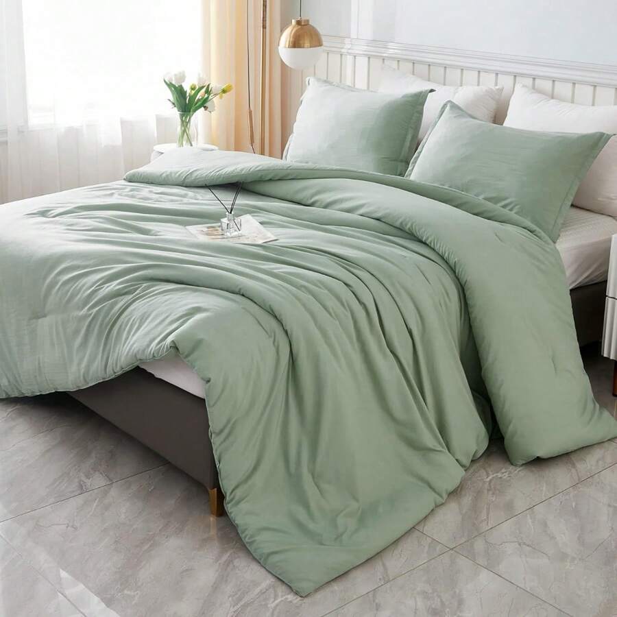 King Size Comforter Set Sage Green, 3 Pieces Lightweight Solid Bedding Comforters Sets, All Season Fluffy Down Alternative Comforter Bed Set Quilt Blanket