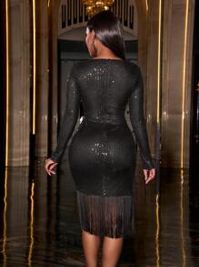 流苏饰边亮片鸡尾酒会连衣裙 - 黑色 - 查看 2