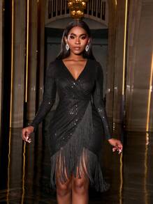 流苏饰边亮片鸡尾酒会连衣裙 - 黑色 - 查看 3