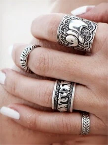 1 Set Of 4pcs Vintage Style Metal Elephant Rings For Women, Ideal For Daily Wear - Ancient Silver - View 1