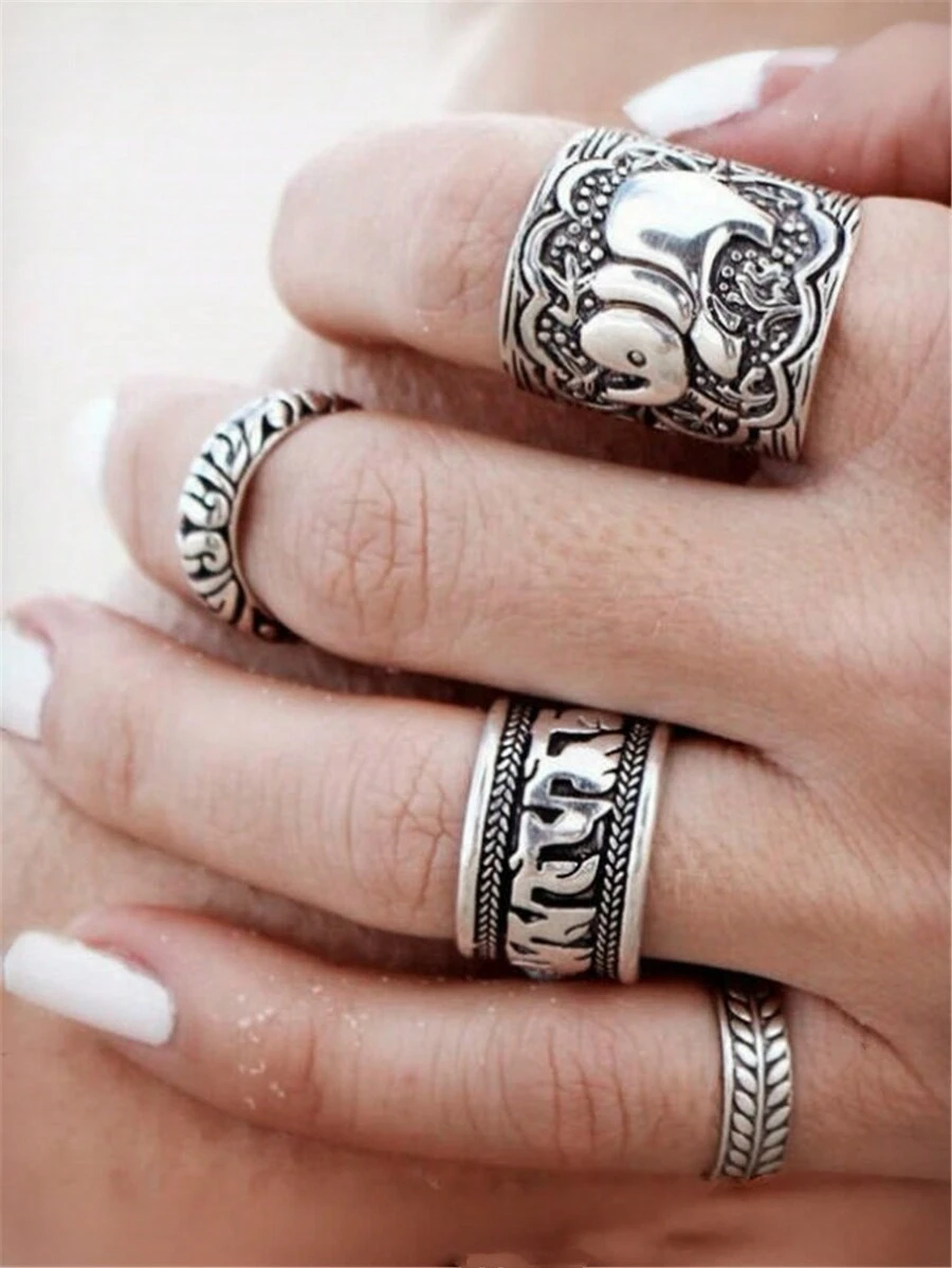 1 Set Of 4pcs Vintage Style Metal Elephant Rings For Women, Ideal For Daily Wear - Ancient Silver - View 1