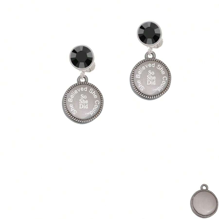 Delight Jewelry Stainless Steel She Believed She Could So She Did On Flange Crystal Clip On Earrings - 黑水晶 - 查看 1