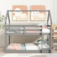 Twin Over Twin Low Loft Bed With House Shape And Guardrails - Solid Wood Frame, Space-Saving Design, No Box Spring Needed, Ideal For Kids, Boys, Girls, And Teens - 灰色 - 查看 2