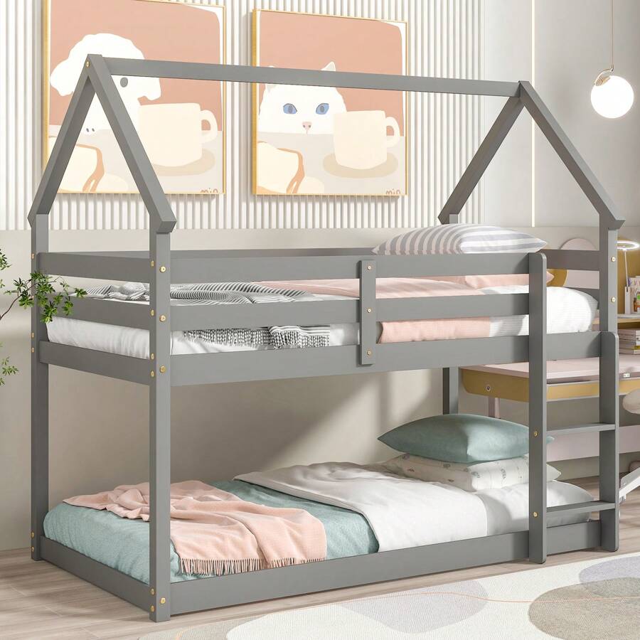 Twin Over Twin Low Loft Bed With House Shape And Guardrails - Solid Wood Frame, Space-Saving Design, No Box Spring Needed, Ideal For Kids, Boys, Girls, And Teens - 灰色 - 查看 1