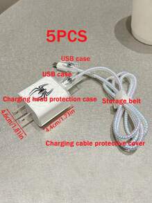 5pcs Black Spider TPU Charger Protective Cover Compatible With Apple 18/20W Charger Cable Protector, Charger Protector