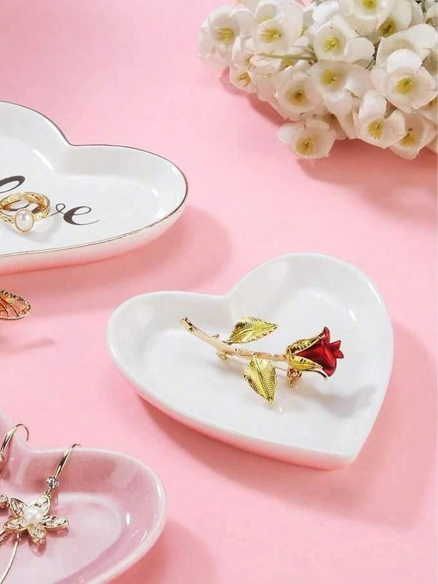 1 pieza Bandeja de joyería de cerámica con forma de corazón, bandeja para anillos, regalo del Día de San Valentín, decoración de bodas para almacenamiento de anillos, collares y pulseras, para guardar bocadillos, frutas y joyas, diseño en forma de corazón, regalo ideal - Multicolor - Ver 1