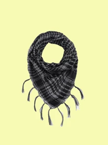 100.0cm 男女通用复古格子方形围巾，轻盈透气，流苏头巾，适合休闲和日常防晒