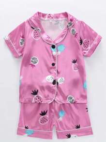 Skin-Friendly Pineapple Cartoon Print Polo Collar Short Sleeve Shorts Pajamas Set, Unisex Kids