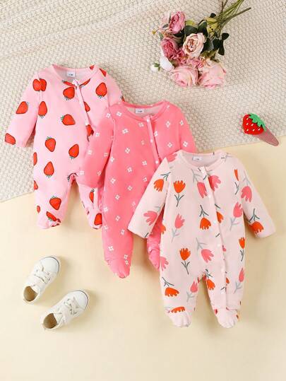 3pcs Baby Girls' Casual Jumpsuit Set With Cute Printed Pattern & Side Button