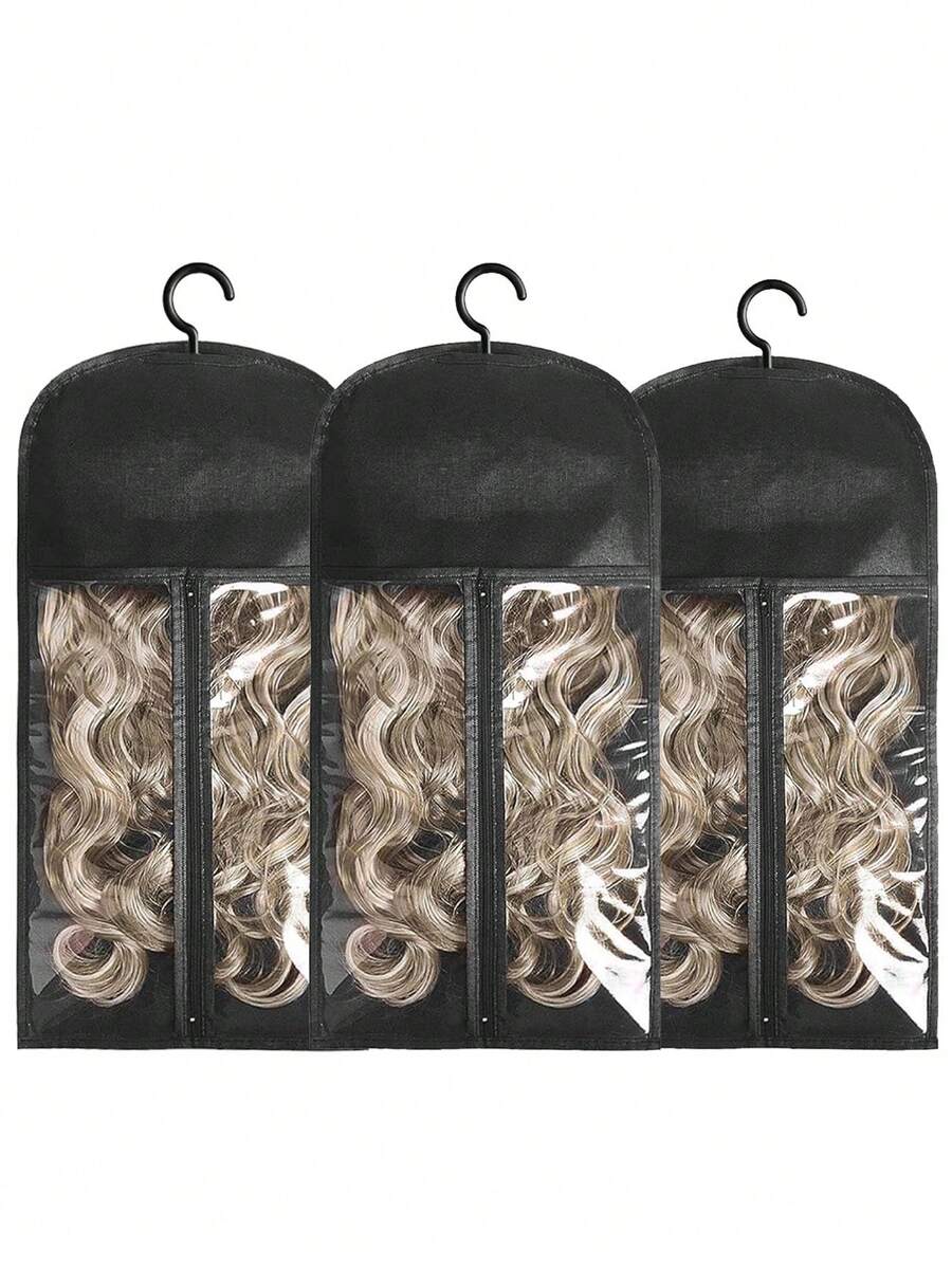 3 piezas Soporte para pelucas y extensiones de cabello con gancho para almacenamiento de múltiples pelucas y bolsas para pelucas, soporte de pelucas a prueba de polvo para almacenamiento de extensiones de cabello con gancho, accesorios para pelucas y extensiones de cabello (negro)