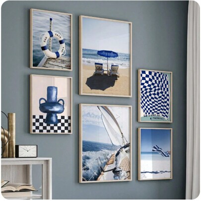 1 pezzo Tela dipinta con stampa artistica astratta, decorazione da parete per soggiorno, motivo barca a vela bianca, sole e mare blu, senza cornice