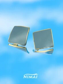 1對歐美時尚不鏽鋼吊墜耳環，方形和鑽石造型，18K鍍金，適合女性日常佩戴的輕便配飾 - 四方形曲面耳釘 - 查看 19