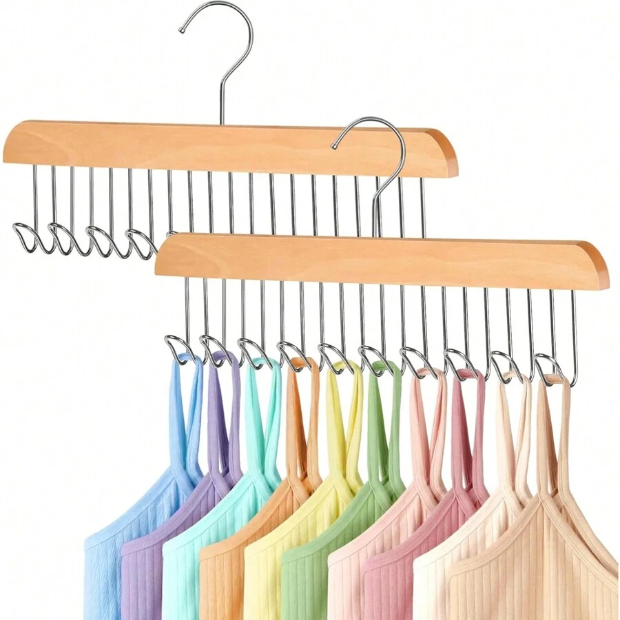 HMSEC 2 Pack Bra Hanger, Space Saving Belt Hanger For Closet With 20 Metal Hooks, Tank Top Hanger Tie Rack For Men Closet Organizers And Storage Hanging For Sport Bra, Belt, Tie, Scarf, Lingerie Dress Shorts Jeans Storage - Wood Color - View 1