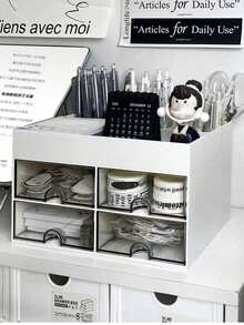 1pc Thickened Plastic Desk Organizer Makeup Storage Box With Transparent Drawers For Stationery And Sundries - White - View 8