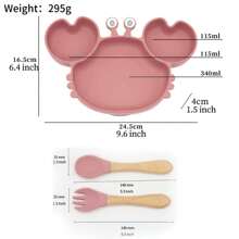 Baby Silicone Feeding Set, Cartoon Crab-Shaped Plate With Wooden Spoon And Fork,  And Non-Slip