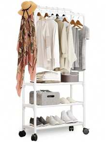 Perchero para Ropa,Perchero de Doble Barra,Organizador de metal para ropa y un perchero fuerte con una partición,Estante de Ropa para Balcón, Dormitorio y Lavandería,3 Nivel - Blanco - Ver 1