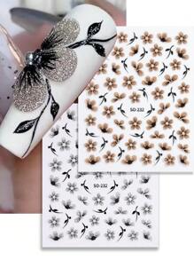 2 件装黑色闪光指甲贴纸水彩绽放金银色指甲美甲花卉粘性转移贴花滑块美甲装饰 - 彩色 - 查看 1