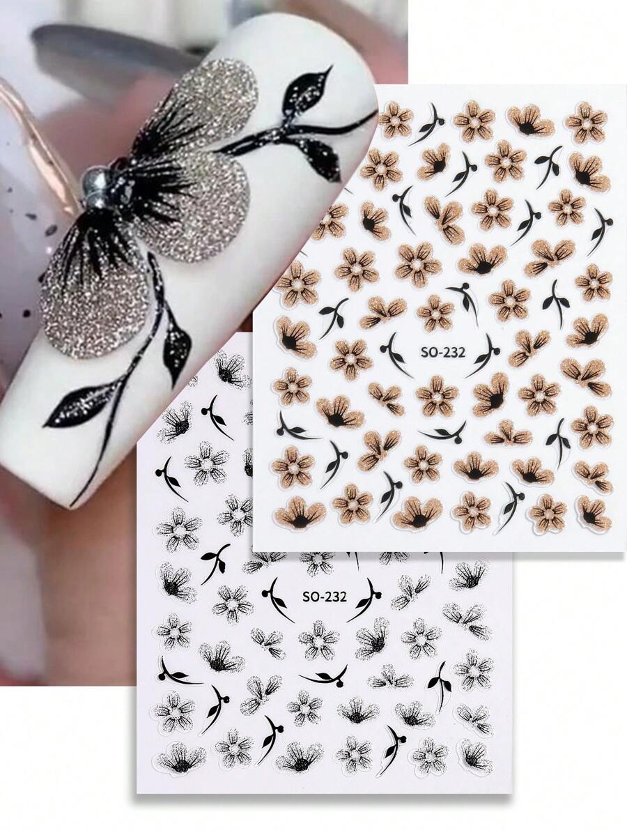 2 件装黑色闪光指甲贴纸水彩绽放金银色指甲美甲花卉粘性转移贴花滑块美甲装饰 - 彩色 - 查看 1