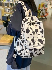 Casual Large Capacity Cow Pattern Backpack, Fashionable Solid Color Simple School Bag For Girls, Casual Cow Print Pattern Purse For Women