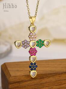 Hihho 1 pièce Collier pendentif croix élégant à la mode avec incrustation de zirconium coloré de style européen et américain, collier ras-de-cou en acier inoxydable, cadeau de festival (couleurs de zirconium disposées de manière aléatoire)