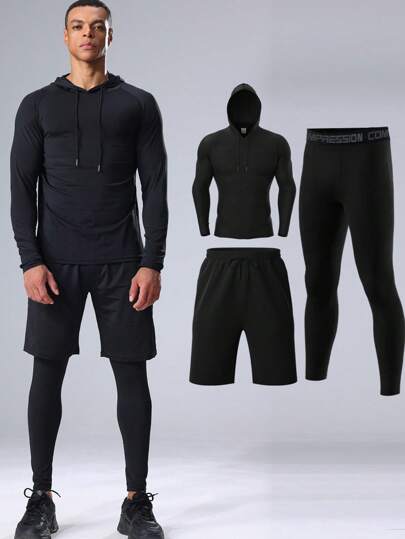 3pcs Boyfriend Style Men's Compression Pants, Long-Sleeved Shirt, And Hoodie Sports Set For Fitness And Running