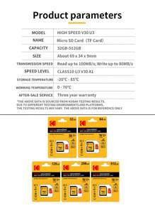 Tarjeta de memoria Kodak 32GB C10 Micro SD 64GB 128GB de alta velocidad 100MB/S U3 V30 Clase 10 Tarjeta Microsd 256gb 512gb con adaptador Mini TF para cámara, PC y teléfonos - Rojo - Ver 9
