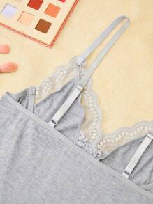 فستان نوم للنساء مع تصميم الدانتيل المتباين وزينة الفيونكة وشق جانبي - رمادي - مشاهدة 5