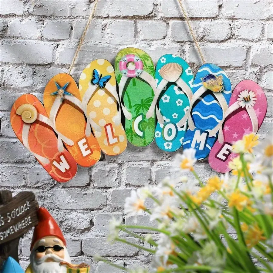 1pc, Creative Summer Slippers Hanging Sign Ice Welcome Sign - Welcome Hello Flip Flop Wooden Door Decor For Home, Party, And Scene Decoration - Multicolor - View 1