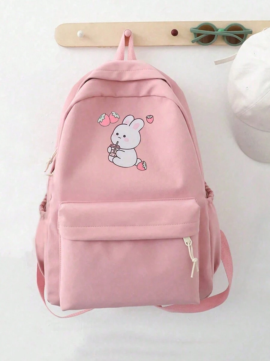 1pc Cute Bunny Print Backpack, Pink School Bag, Laptop Backpack, Outdoor Travel Sports Hiking School Bag, Large Capacity Backpack, School Bag, Inspiration Cartoon Bunny Pattern, Back To School Season School Bag, Back To School Season Essentials, Gender-Free Backpack Storage Bag, Multi-Function Backpack, Freshman School Bag, Elementary And Middle School Student School Bag - Multicolor - View 1