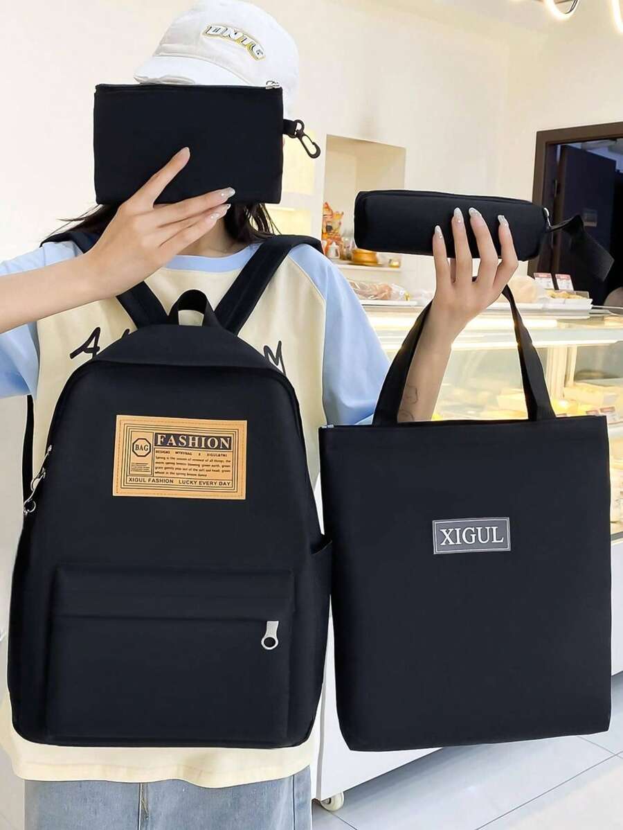 4pcs Backpack Set, Simple Handbag, Mini Crossbody Bag, Solid Color Pencil Case, Made Of Polyester, Suitable For Grad Students, College Students, High School Students, Teachers, Perfect For Outdoor, Travel, And Back To School. - Black - View 1