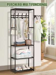 Perchero, armario multifuncional con ganchos, perchero, perchero de pie, armario, organizador, 6 ganchos, 4 compartimentos para guardar, armario esquinero individual con ganchos Ahorro de espacio, fácil montaje - Negro - Ver 2