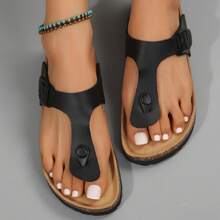 Women's Flip Flops Cork Insole Leather Sandals With Adjustable Buckle Comfort Sandals,Summer Beach Outdoor Slippers - màu đen - Xem 6