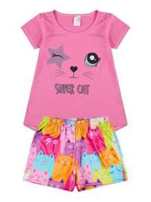 Conjunto Infantil Menina 1 blusa cor sortida + 1 shorts estampa gato