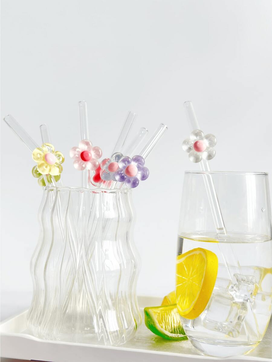 1pc Colorful Small Flower Glass Straw, Transparent, Reusable, Perfect For Milkshakes, Fruit Juice, Cocktails, Cold Drinks, Parties, Bent Head School Supplies,Christmas Gift - Small Flower Straw Series - View 1